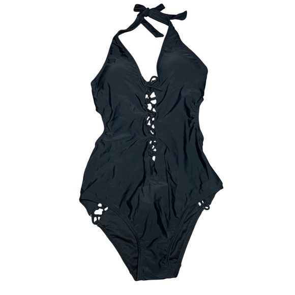 Ashley Graham Black One Piece Swimsuit with Halter Neck Lace-Up cut out 8 - Picture 3 of 6